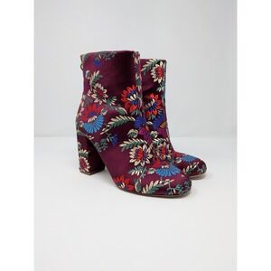 Joie Saleema Floral Embroidered Ankle Boots Burgundy Plum Block Heel EU 38.5